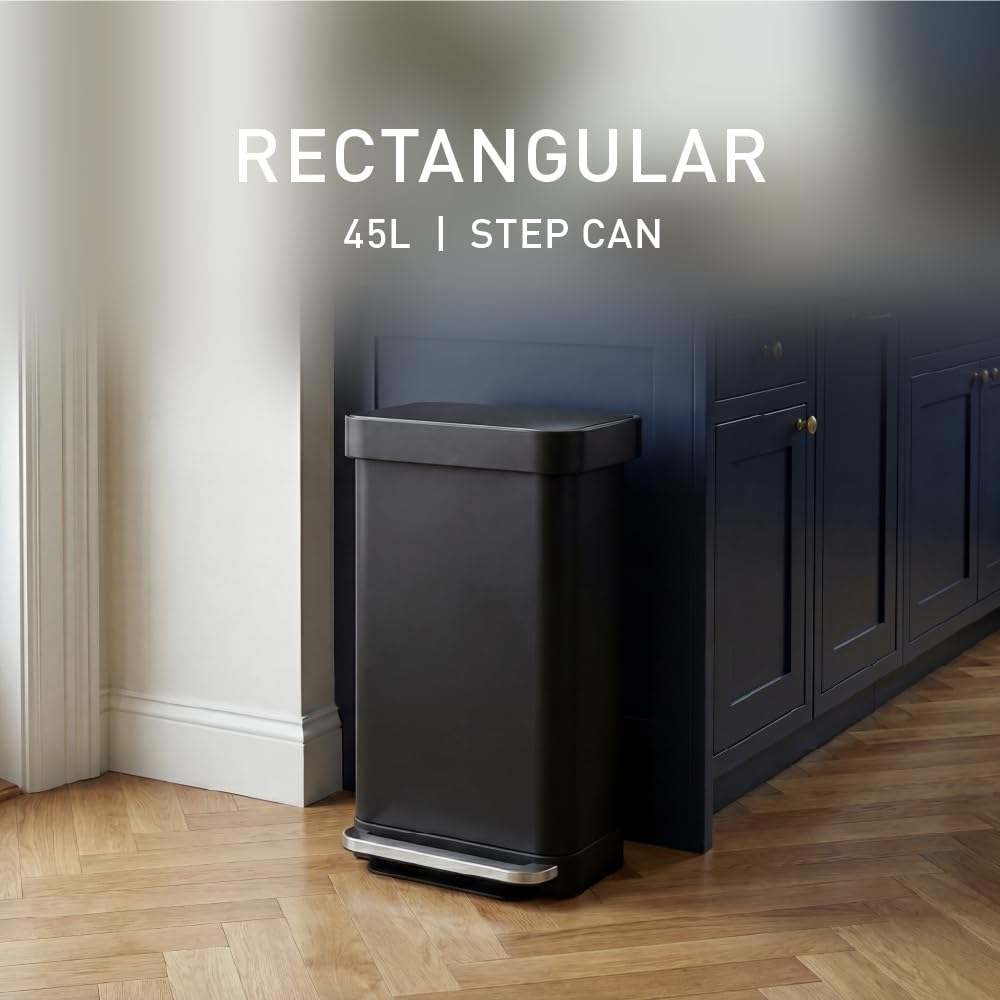 Rectangular Step Can, 45L / 12 Gallon Kitchen Trash Can, Liner Rim System, Liner Pocket, 150,000-Step Pedal, Lid Shox