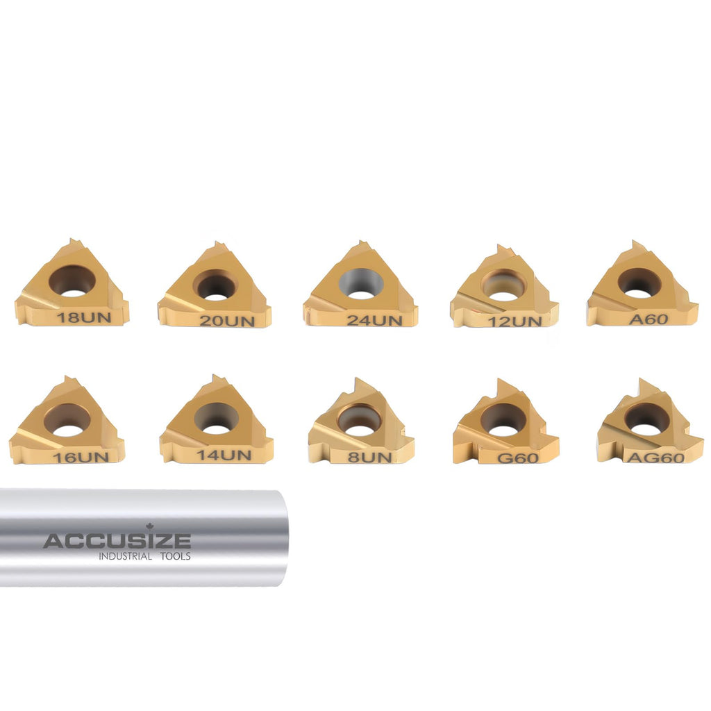 Accusize Carbide Internal Threading Inserts, TiN-Coated, 10-Piece Set