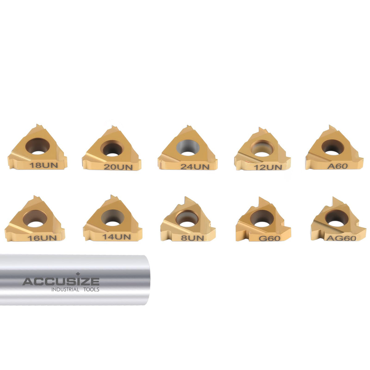 Accusize Carbide Internal Threading Inserts, TiN-Coated, 10-Piece Set