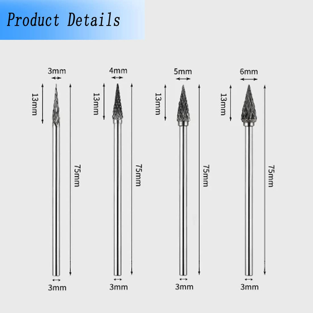 Luo ke 4 Pcs Extended 1/8" Shank Cone Shape Carbide Burr