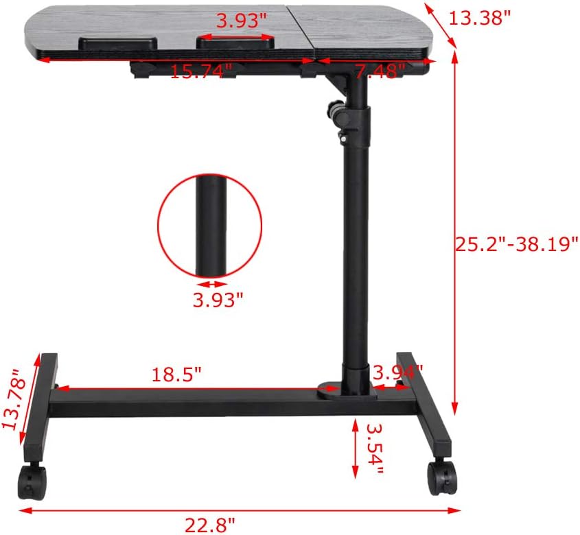 Adjustable Tilt Overbed Bedside Table, Overbed Bedside Desk Mobile Rolling Laptop Stand Tilting Overbed Table Bed