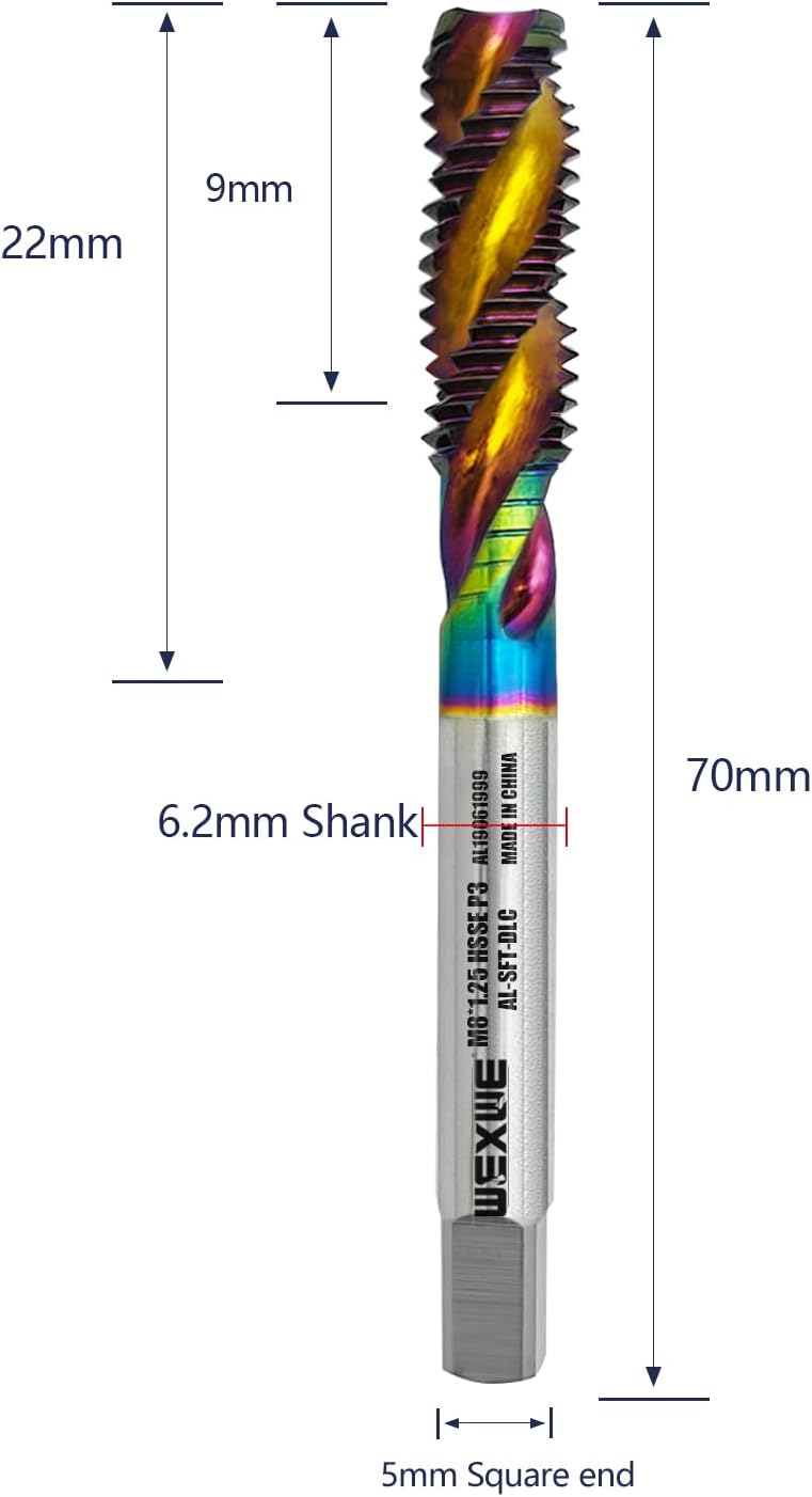 Tools M8 x 1.25 DLC Coating Spiral Flute Thread Tap, Metric Machine Threading Tap High Speed Steel Cobalt(HSSCo), Round Shank with Square End, H2 Tolerance, 2pcs