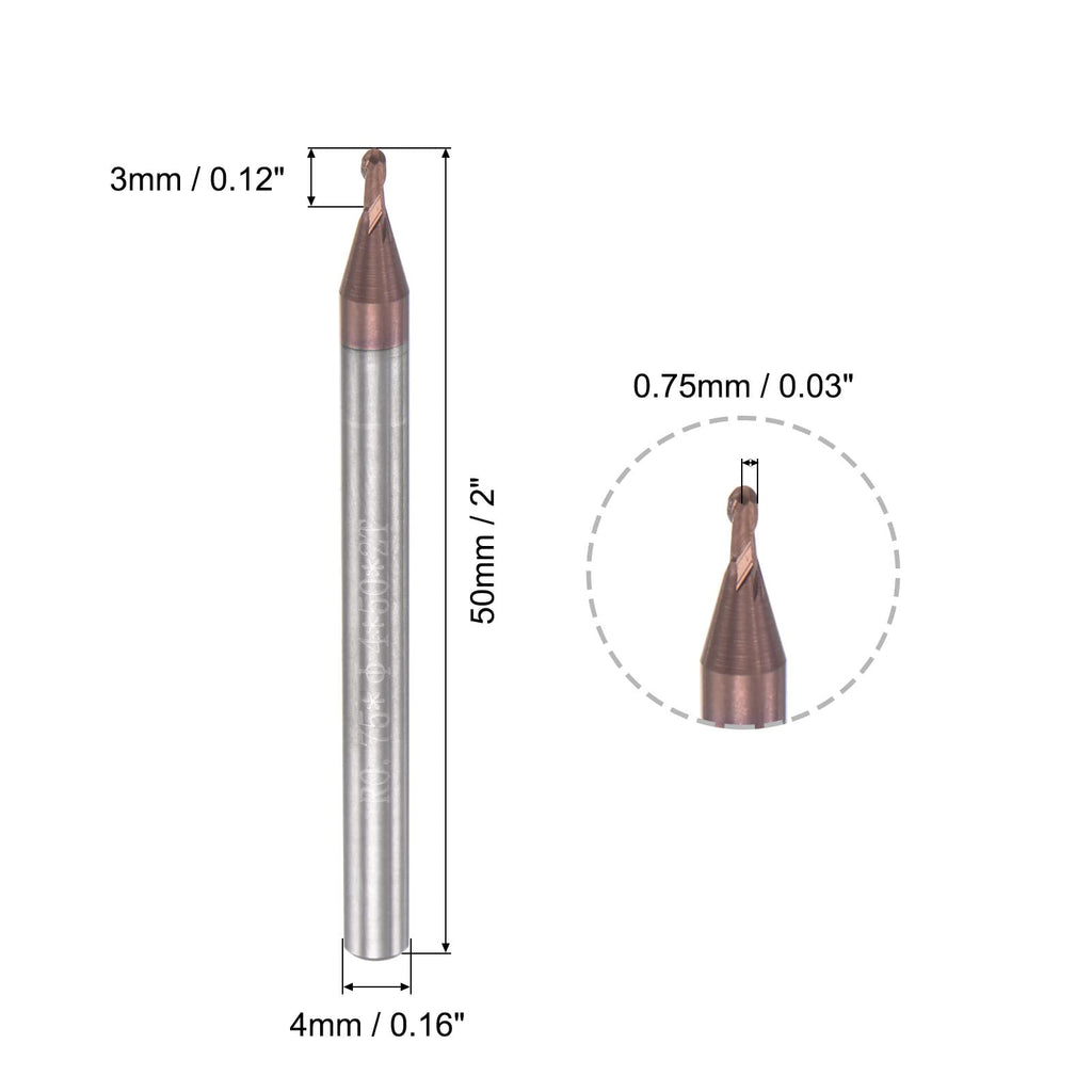 uxcell Ball Nose End Mill 0.75mm Tip Radius Solid Carbide AlTiSin Coated CNC Router Bits 2 Flute Spiral Milling Cutter HRC55 with 4mm Shank 50mm (2-inch) Length
