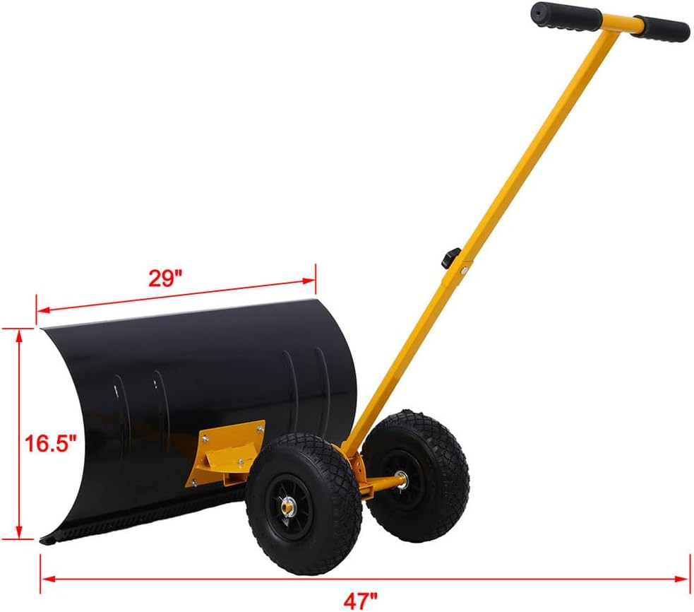 29" Heavy-Duty Snow Shovel with Wheels – Steel Frame Snow Pusher with 5-Angle Adjustable Blade, Ergonomic Cushioned