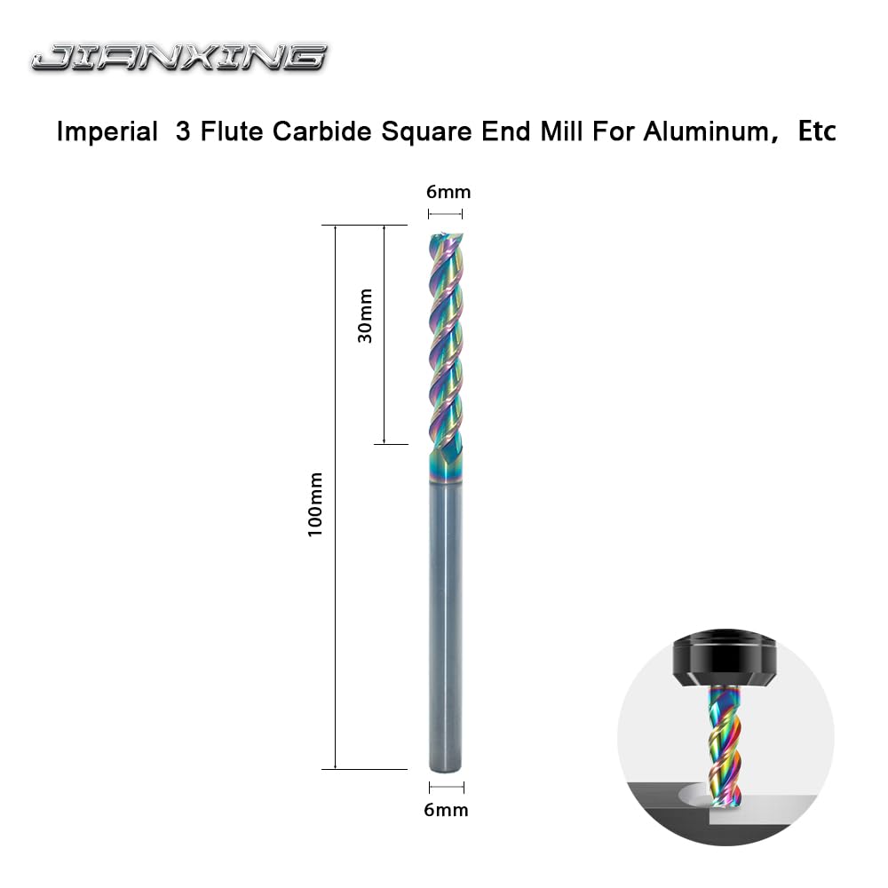 JIANXING 6mm Extra Long Carbide Square End Mill, 3-Flute, 100mm OAL, 1 Pc