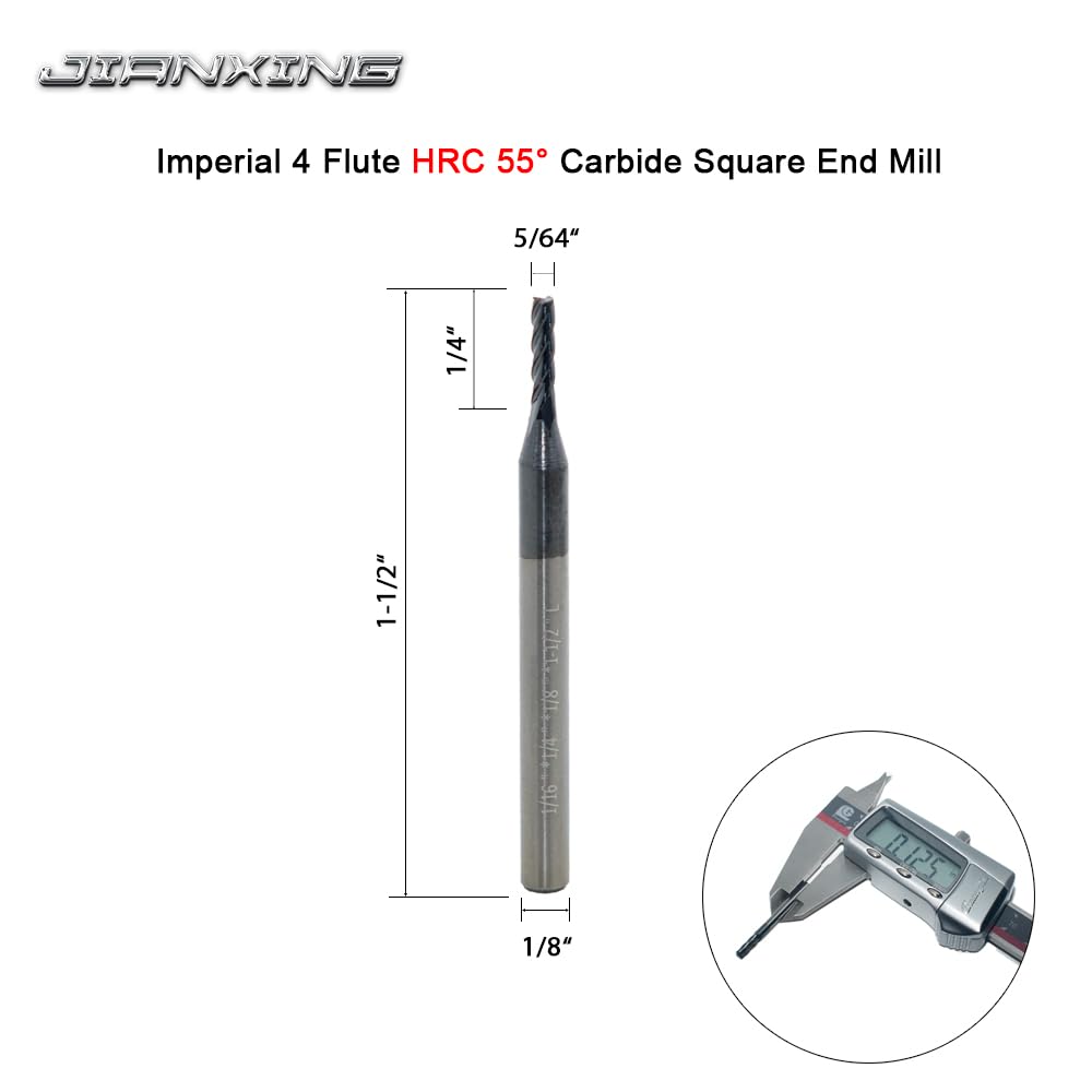 JIANXING 5/64" Carbide Square End Mill, 4 Flute, AlTiN Coating, 4 Pcs