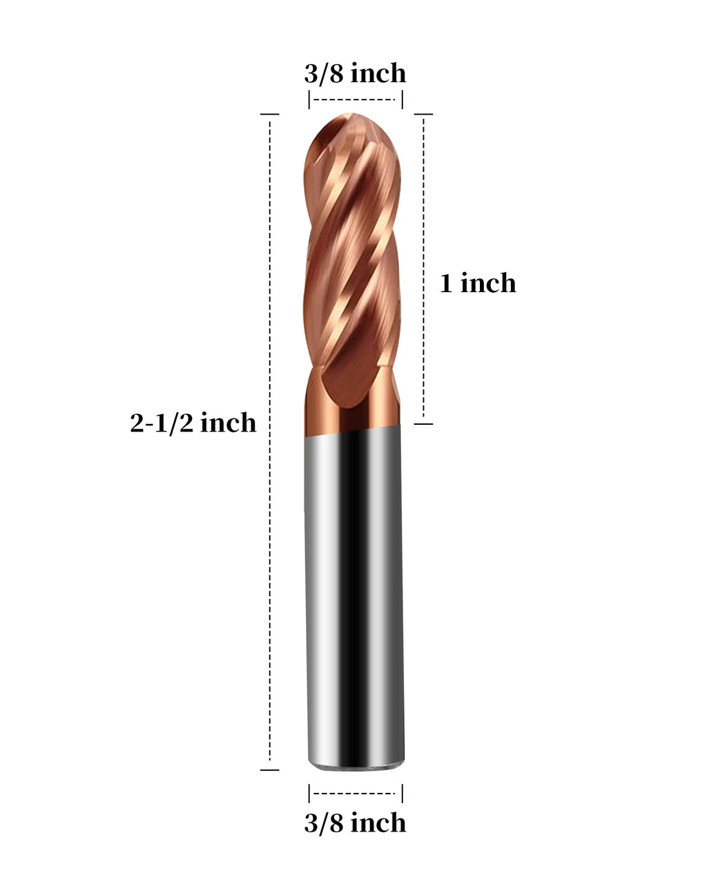 Zorqon 3/8" Carbide Ball Nose End Mills, TISIN Coated, 4 Flute