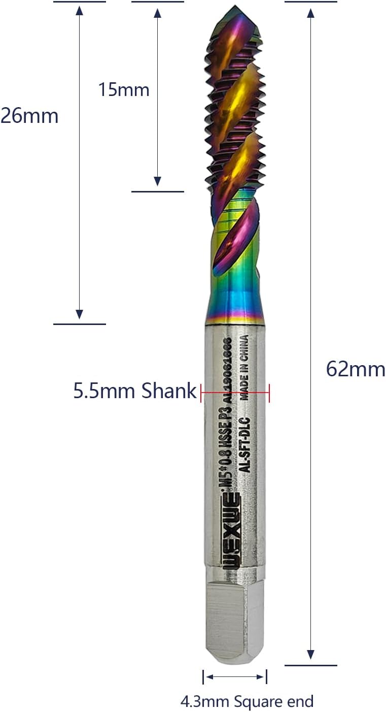 Tools M5 x 0.8 DLC Coating Spiral Flute Thread Tap, Metric Machine Threading Tap High Speed Steel Cobalt(HSSCo), Round Shank with Square End, H2 Tolerance, 2pcs