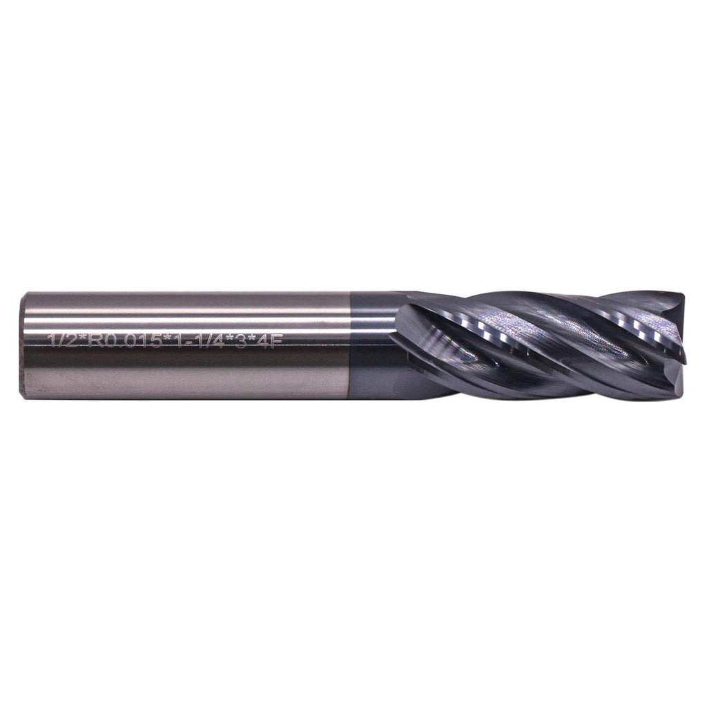 1/2" 4 Flute Solid Carbide End Mill, 0.015" Corner Radius, AlTiN Coated
