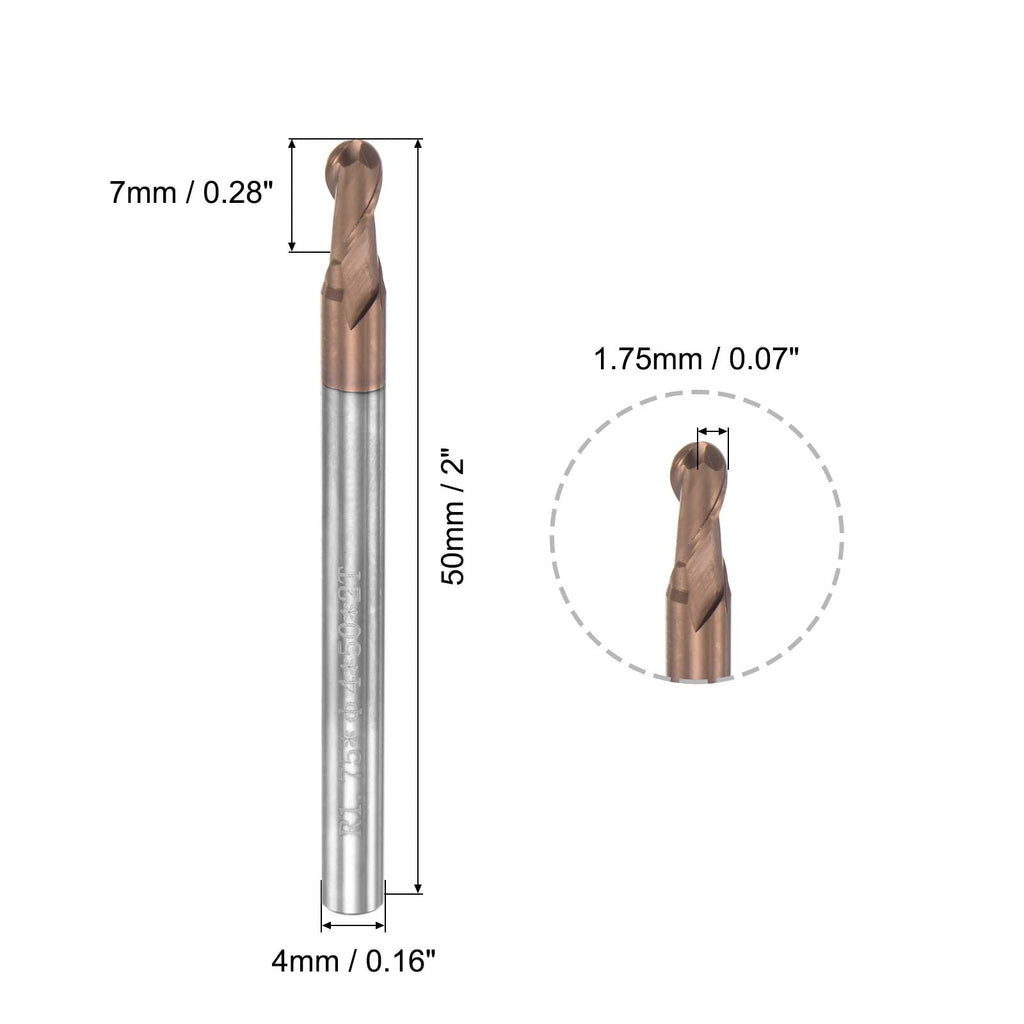 uxcell Ball Nose End Mill 1.75mm Tip Radius Solid Carbide AlTiSin Coated CNC Router Bits 2 Flute Spiral Milling Cutter HRC55 with 4mm Shank 50mm (2-inch) Length