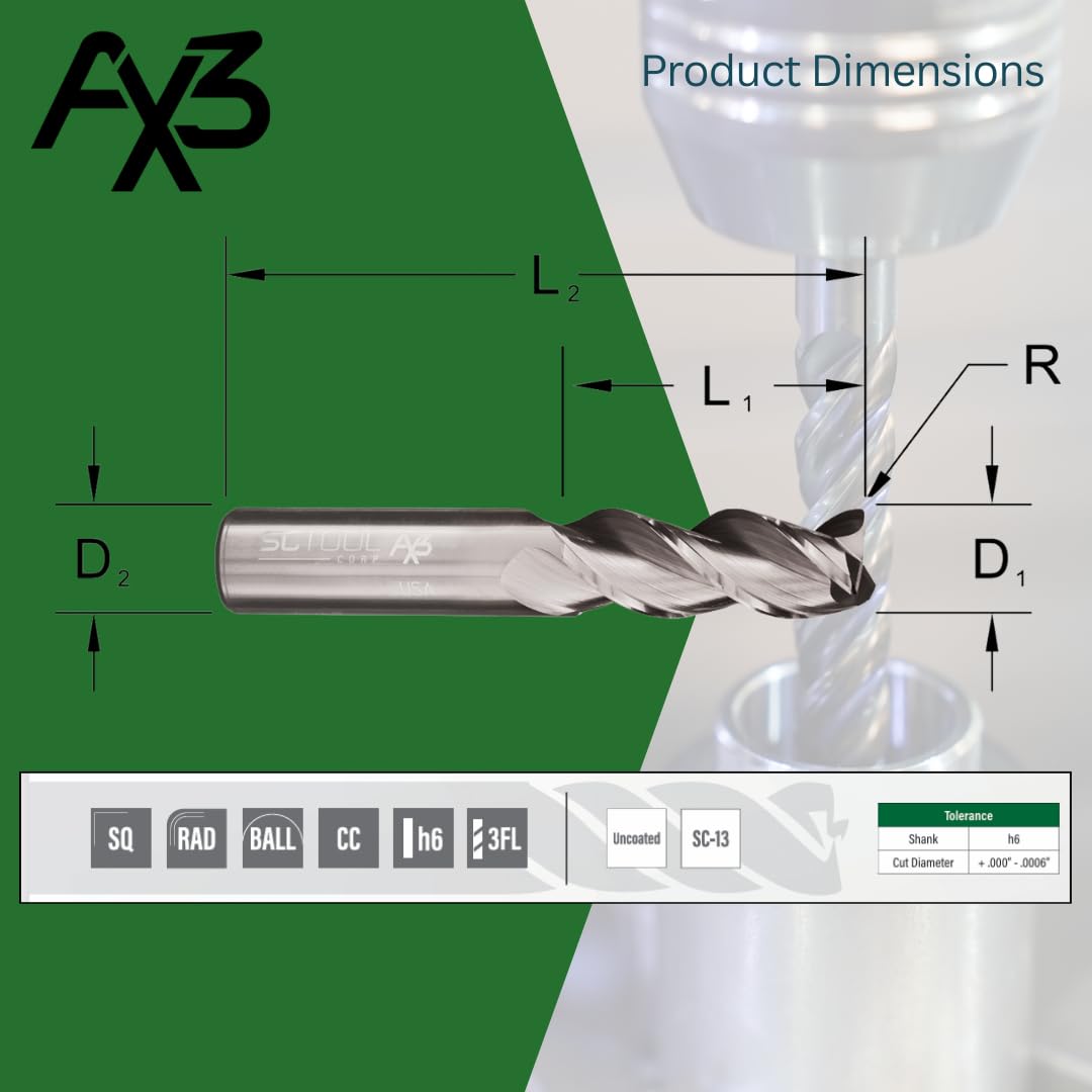 AX3 3-Flute 5/8" Carbide End Mill Ball Nose 1-1/4" LOC | Uncoated SCT10223