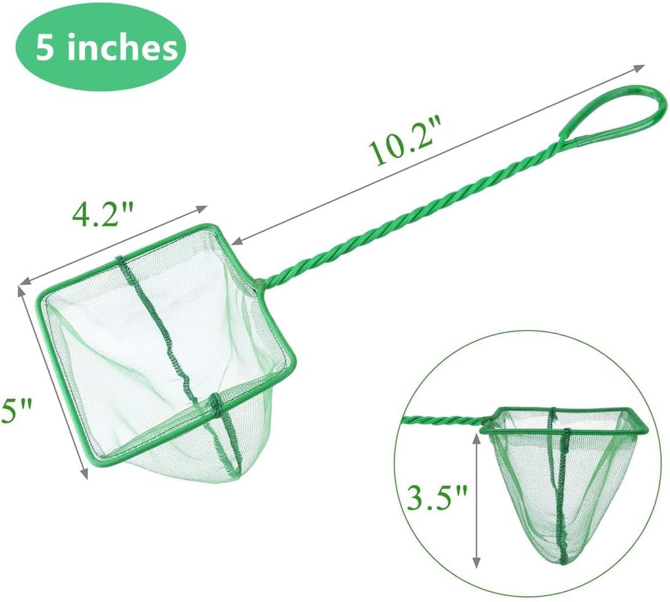 4in 5in 6in Aquarium Fish Net Green Fine Mesh Nylon Net Collection with 11" Long Handle Square Quick Catch Fish Net