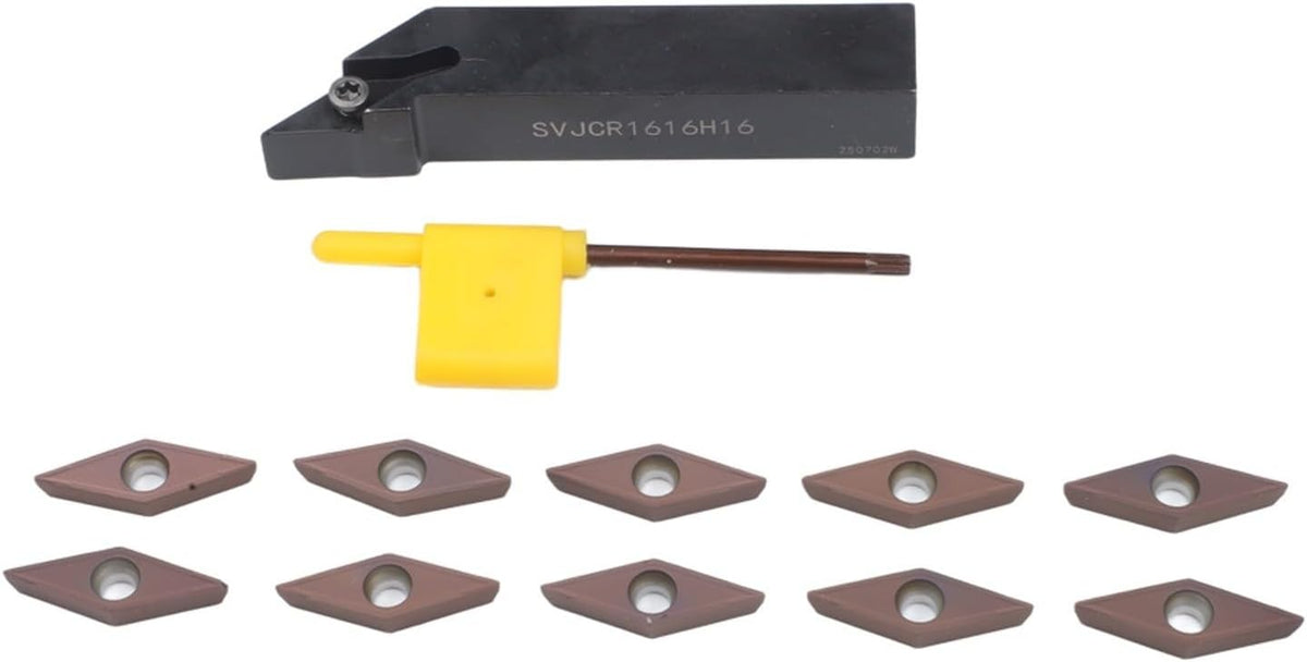 SVJCR1616H16 Lathe Turning Tool Holder 16mm Shank with 10pcs VCMT160404 Carbide Inserts for CNC Semi-Finishing and Finishing Steel Cutting Includes Wrench