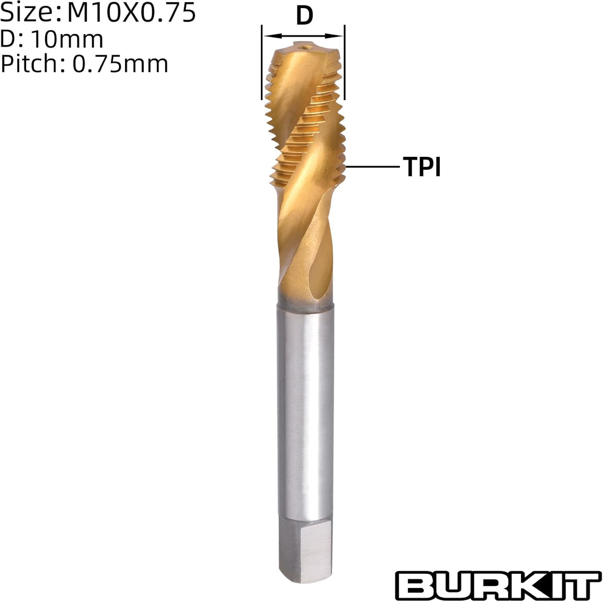 Burkit M10 X 0.75 Titanium Coating Spiral Flute Tap