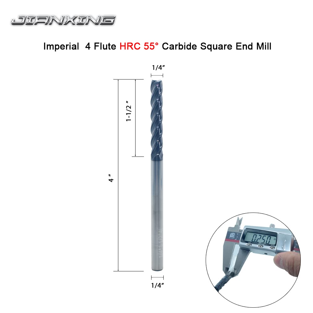 JIANXING 1/4" Extra Long Carbide Square End Mill, 4 Flute, 4" OAL, 1 Pc