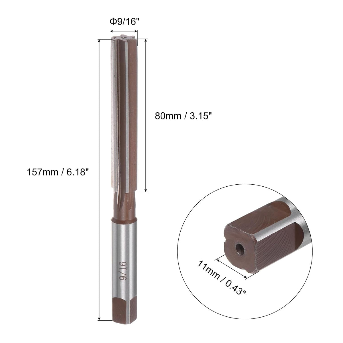 uxcell 9/16" Hand Reamer H8 Accuracy Alloy Tool Steel 6 Flutes Straight Shank Milling Cutter Tool