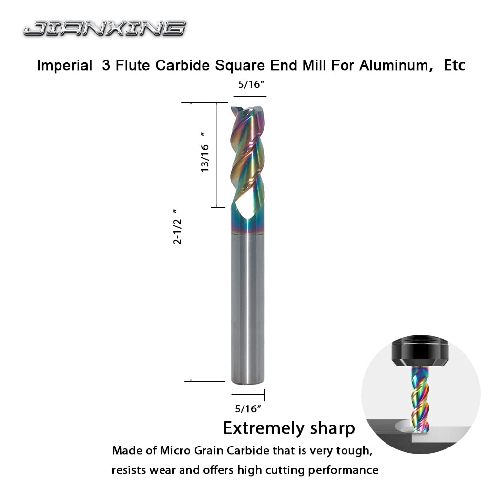 JIANXING 5/16" Carbide Square End Mill, 3 Flute, DLC Coating, 4 Pcs