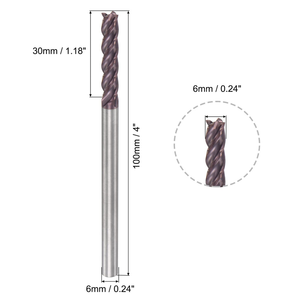 uxcell Square Nose End Mill, 6mm Tip Dia Solid Carbide AlTiN Coated CNC Router Bits 4 Flute Spiral Milling Cutter HRC55 with 6mm Shank 100mm (4-inch) Length