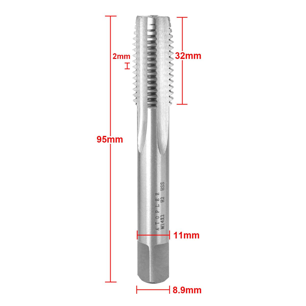 ATOPLEE M14x2.0mm Metric Tap, M2 HSS 6542 Right-Hand Thread Tap