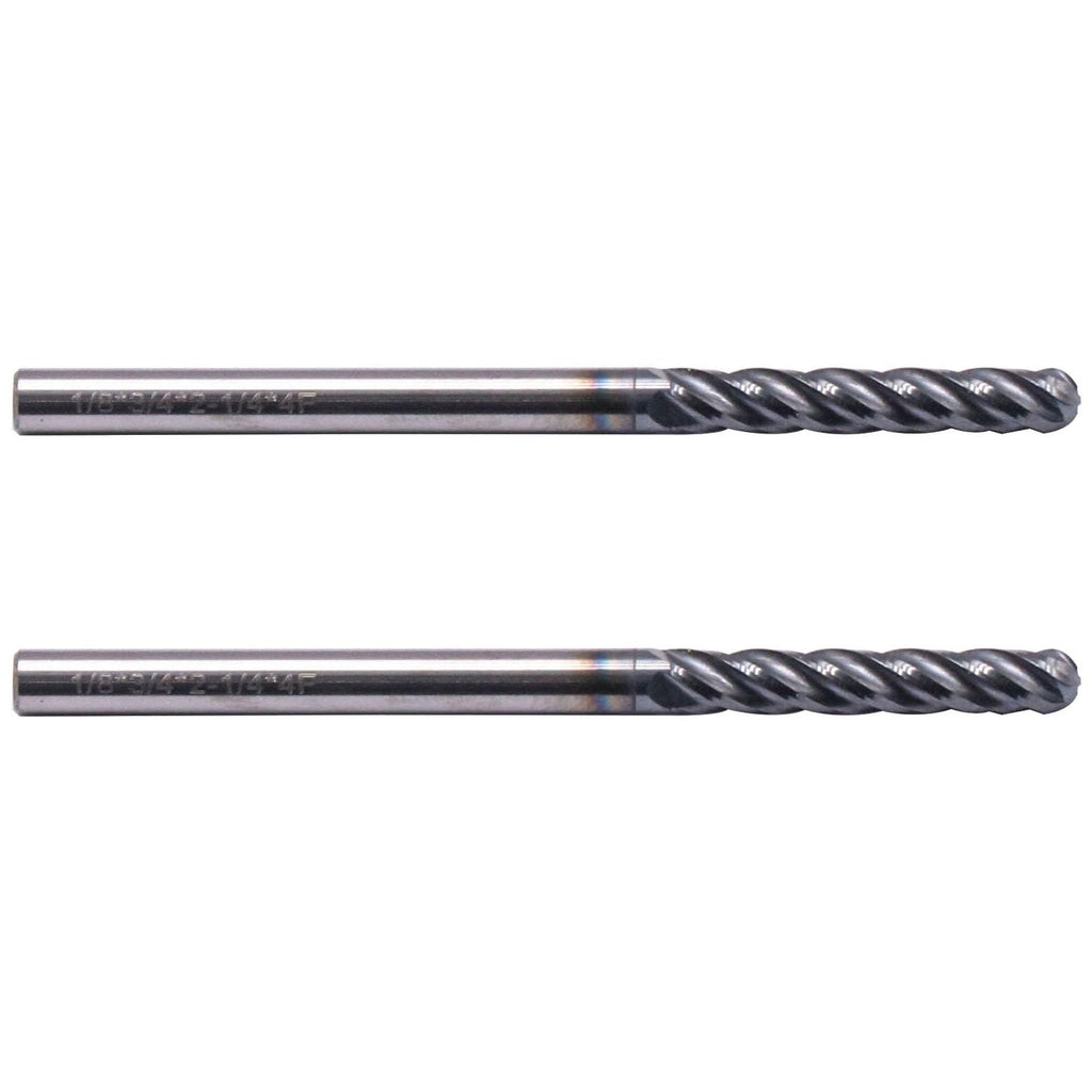 2Pcs 1/8" 4 Flute Solid Carbide Long Ball Nose End Mill Set, AlTiN Coated