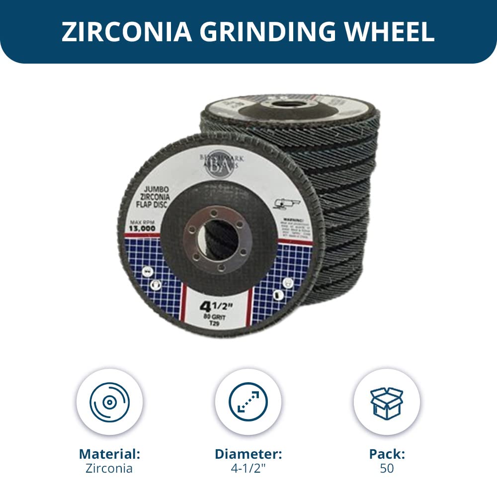 Benchmark Abrasives 4-1/2" x 7/8" Premium High-Density Jumbo Zirconia Type 29 Flap Discs for Sanding, Stock and Rust Removal, Finishing, Grinding, Deburring (50 Pack) - 80 Grit