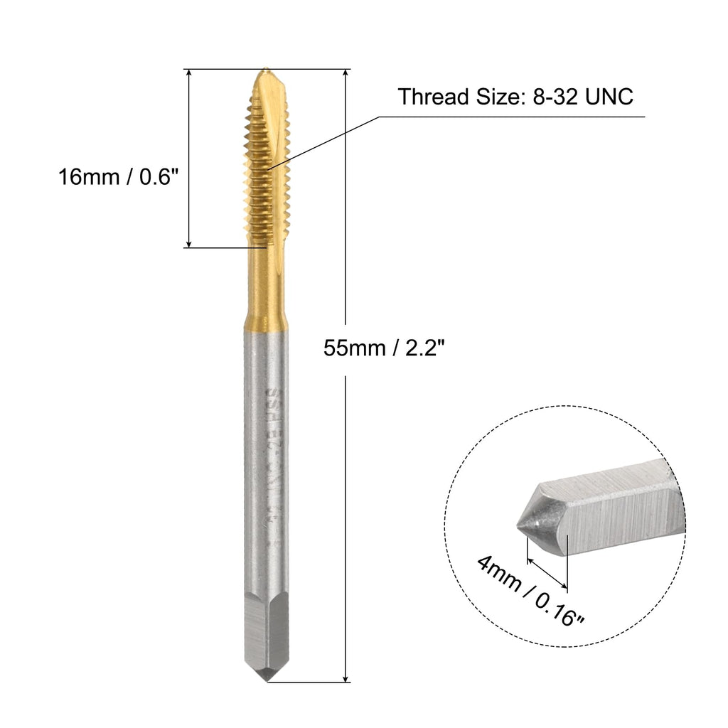 uxcell 4pcs 8-32 UNC B2 Spiral Point Thread Tap, Screw Tap Threading Tapping Tool, Titanium Coated 6542 High Speed Steel Machine Taps Tapping Bit
