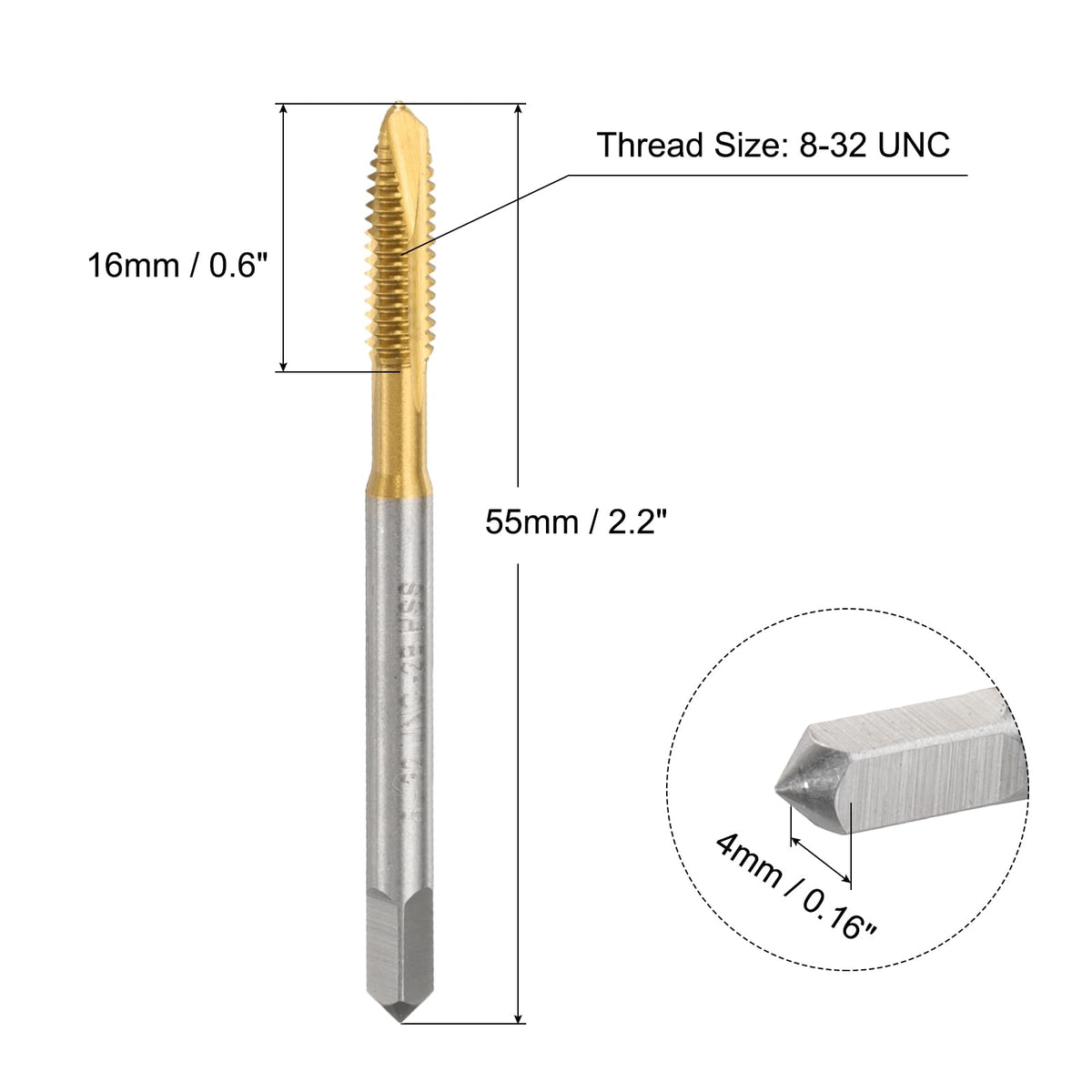 uxcell 4pcs 8-32 UNC B2 Spiral Point Thread Tap, Screw Tap Threading Tapping Tool, Titanium Coated 6542 High Speed Steel Machine Taps Tapping Bit