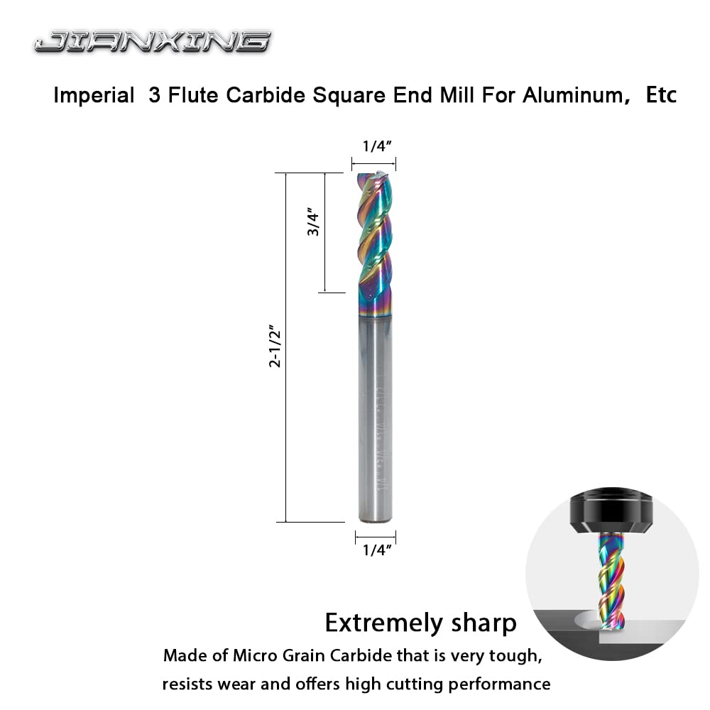 JIANXING 1/4" Carbide Square End Mill, 3 Flute, DLC Coating, 4 Pcs
