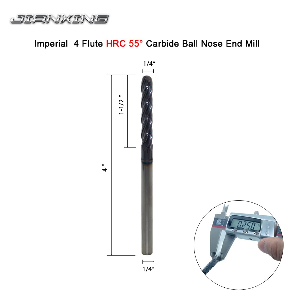 JIANXING 1/4" Extra Long Carbide Ball Nose End Mill, 4 Flute, 4” OAL, 1pc