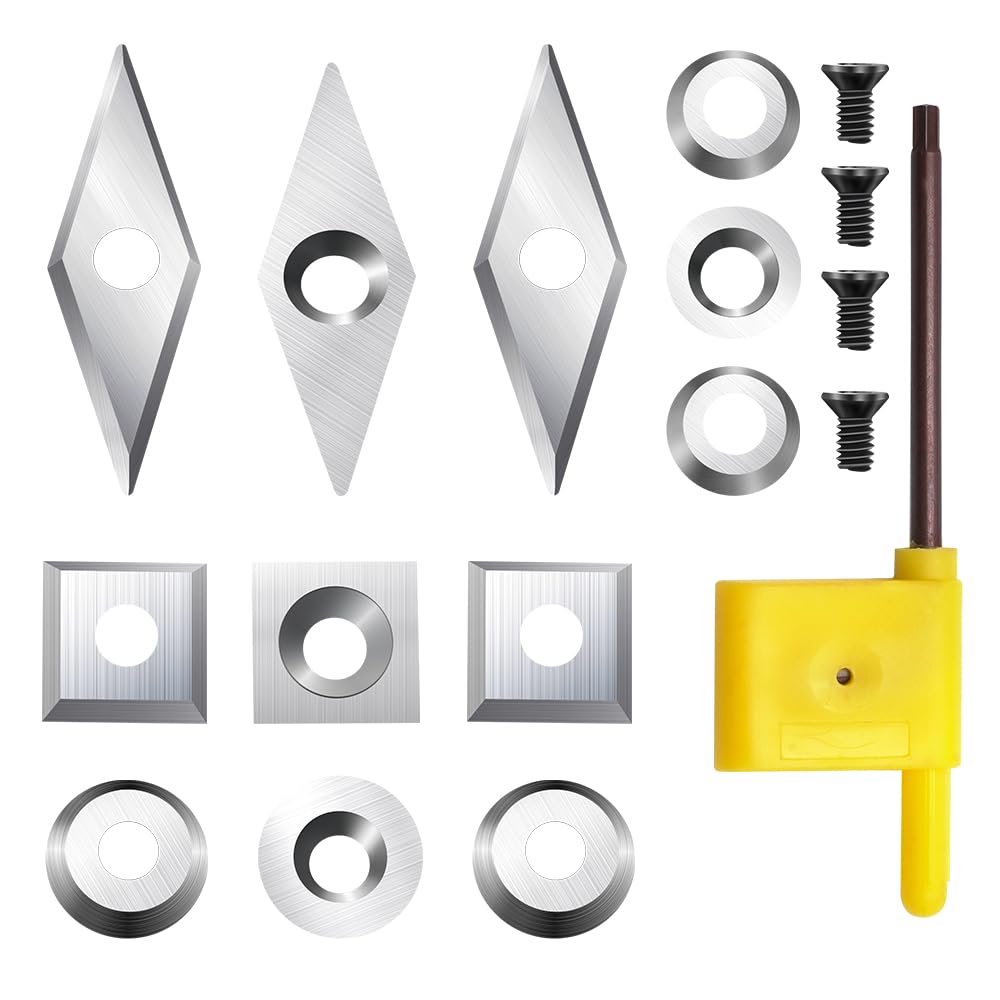FHONK 17Pcs Tungsten Carbide Cutters Inserts Set, Lathe Tools for Wood Lathe Turning Tools, Supplied with Screws and Screwdriver (Silver-17Pcs)