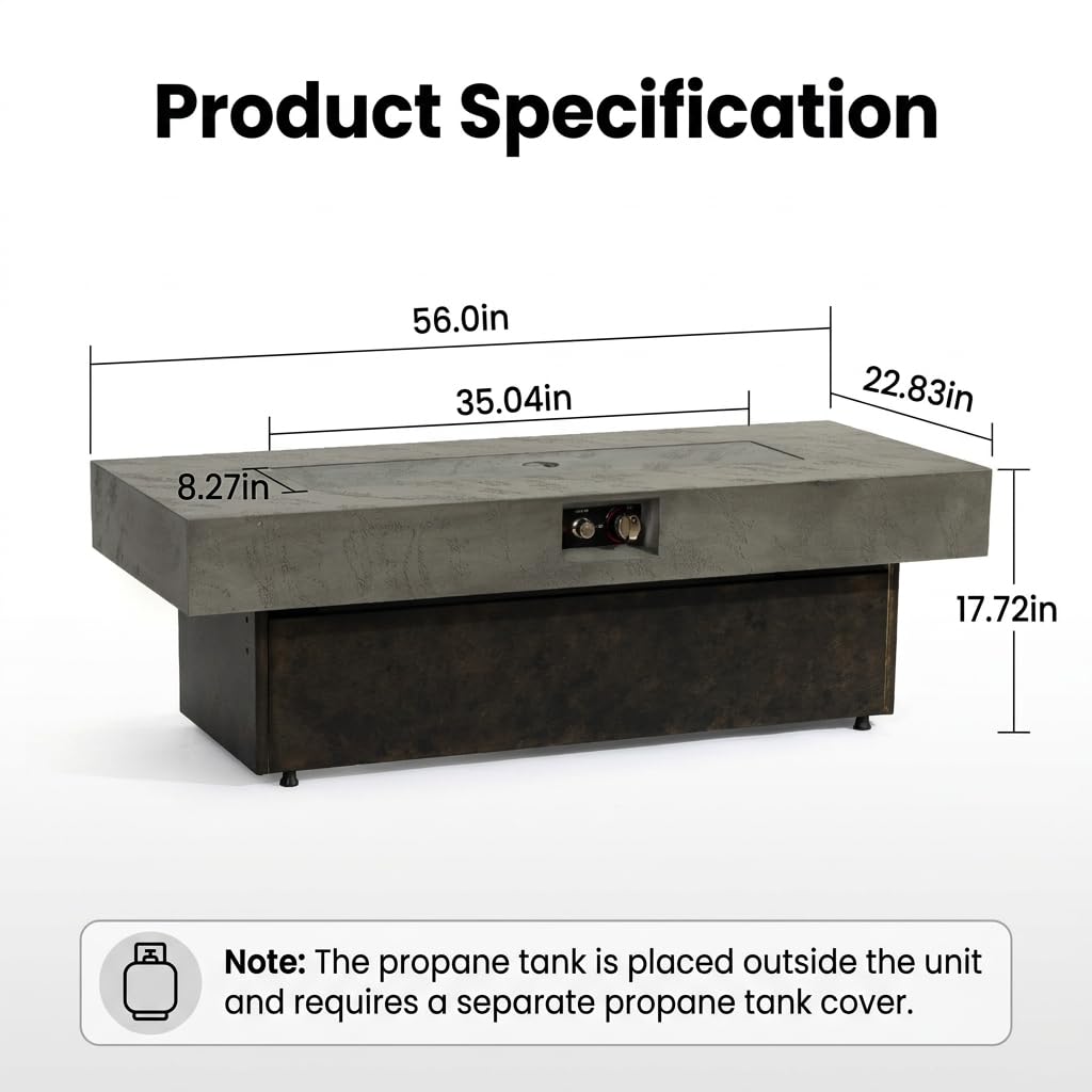 56 Inch Outdoor Propane Fire Pit Table, 50,000 BTU Rectangle Gas Fire Pit for Patio Deck Backyard, Includes