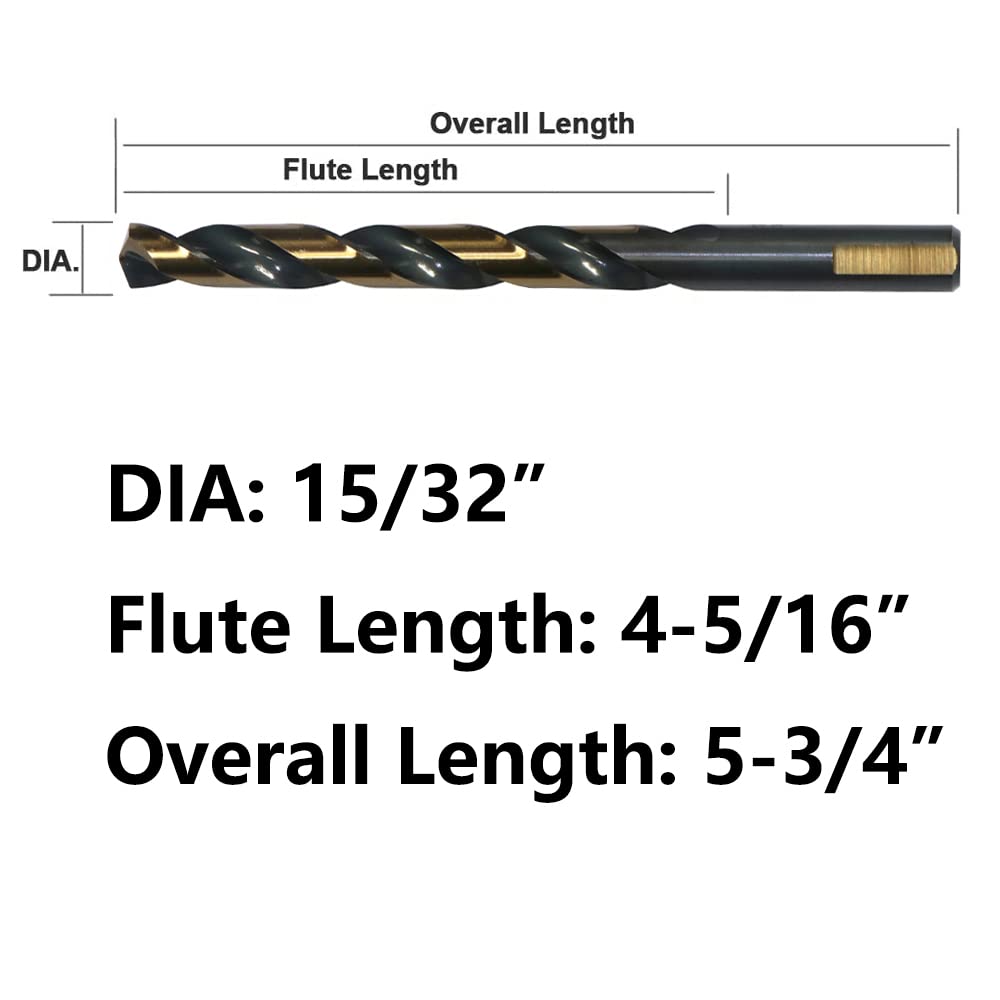 VALYRIANTOOL 6PCS 15/32" HSS Black Gold Twist Drill Bits Set, 135 Degree Split Point, Jobber Metal Drill Bit, General Purpose for Use in Mild Steel, Copper, Aluminum, Zinc Alloy, Wood, and Plastic
