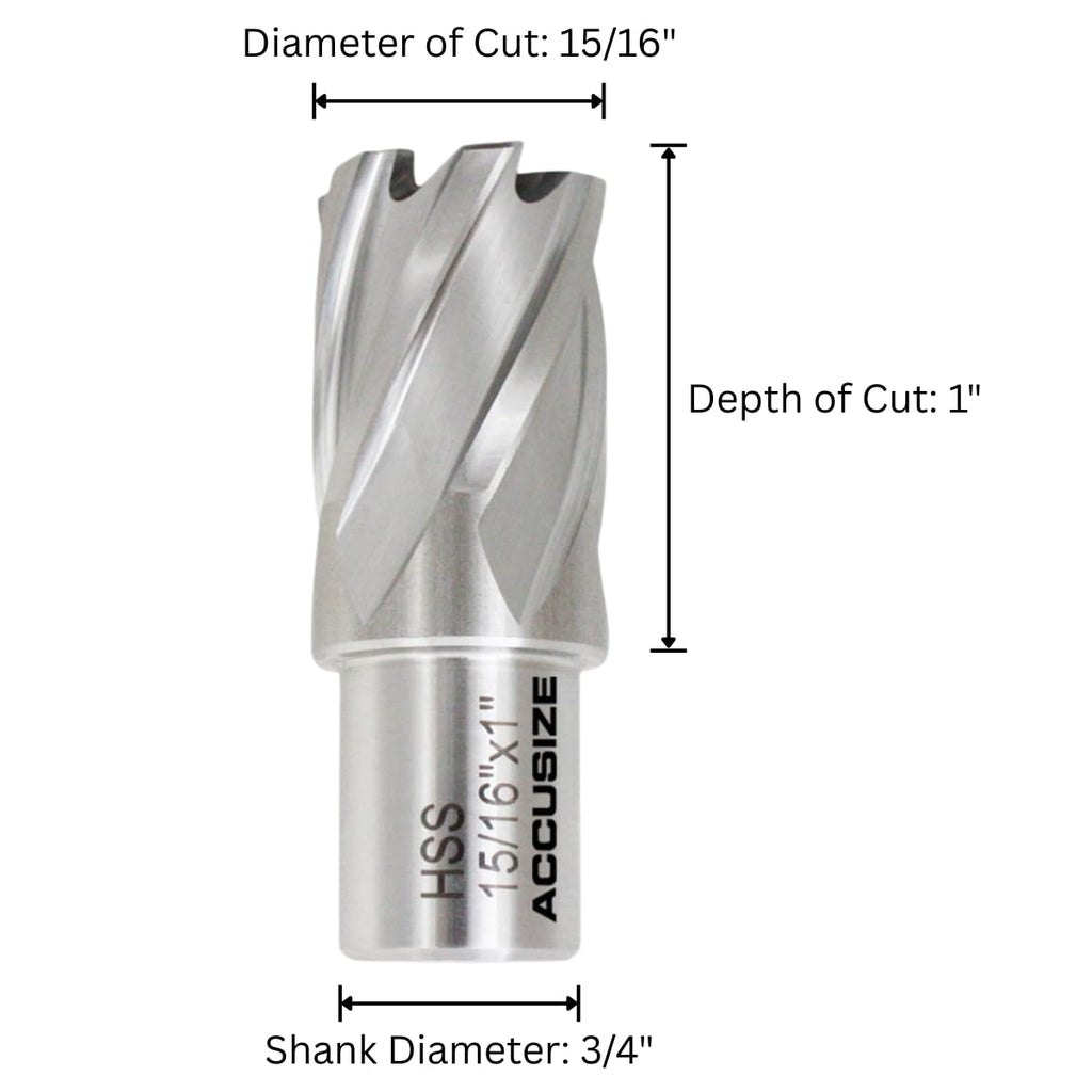 Accusize HSS Annular Cutter 15/16 x 1 in Cutting Depth, 3/4" Weldon Shank