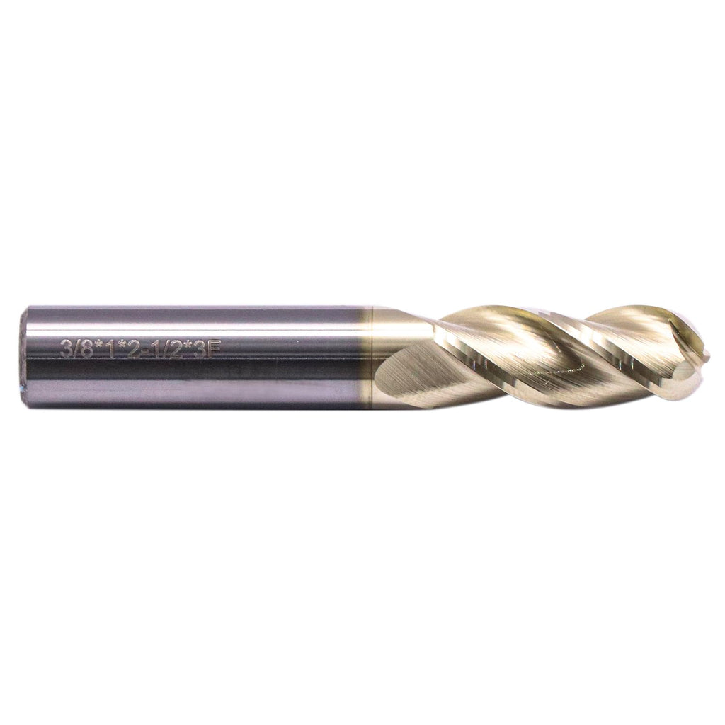 3/8" 3 Flute Solid Carbide Ball Nose End Mill for Aluminum, ZrN Coated