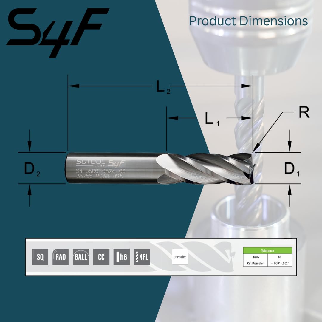 S4F 4-Flute 9/16" Carbide End Mill Ball Nose 1-1/4" LOC | Uncoated SCT30255