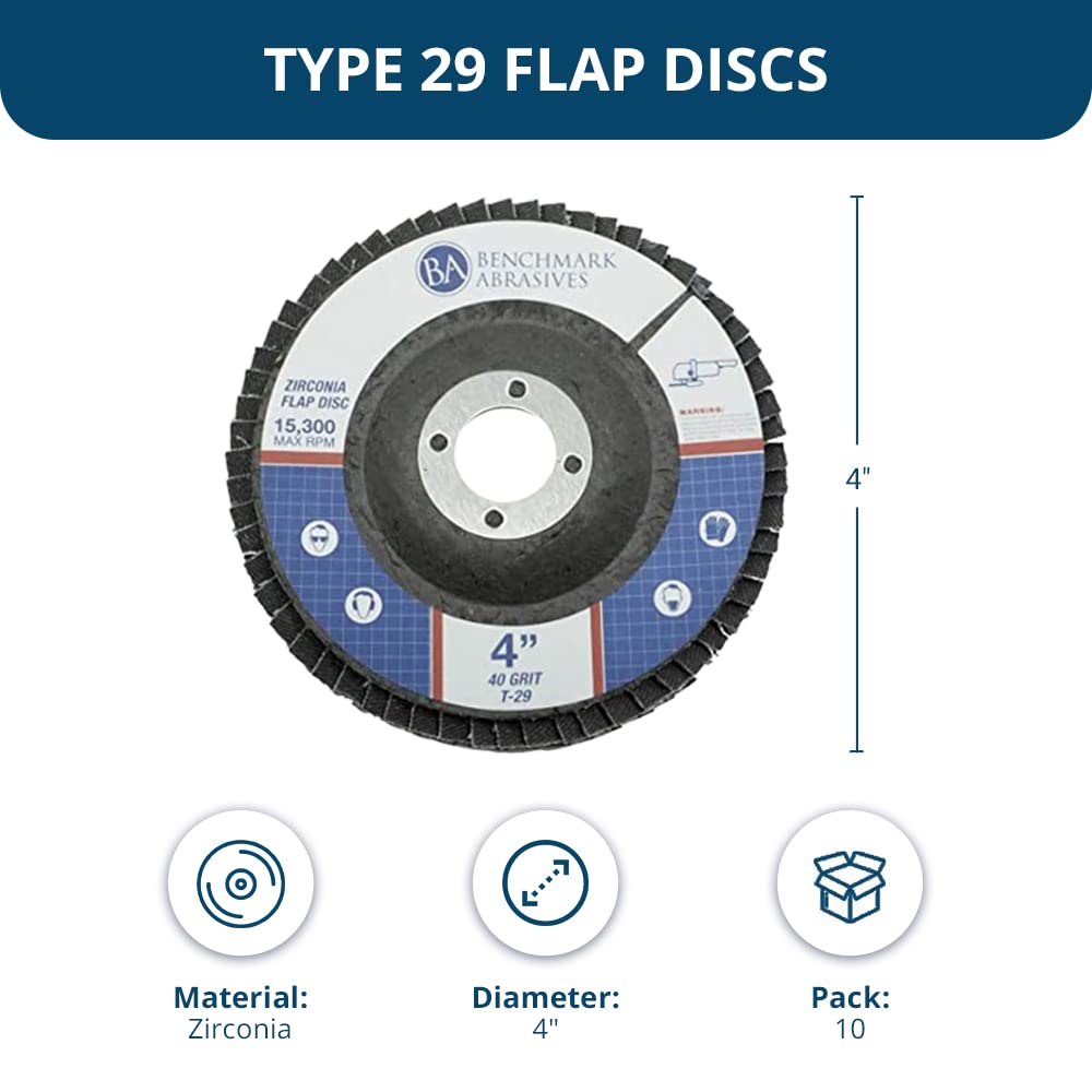 Benchmark Abrasives 4" x 5/8" Premium Zirconia Type 29 Flap Discs for Angle Grinder, 4 Inch Sanding Disc, Rust Removal, Deburring Finishing - Grinding Wheels (10 Pack) 40 Grit