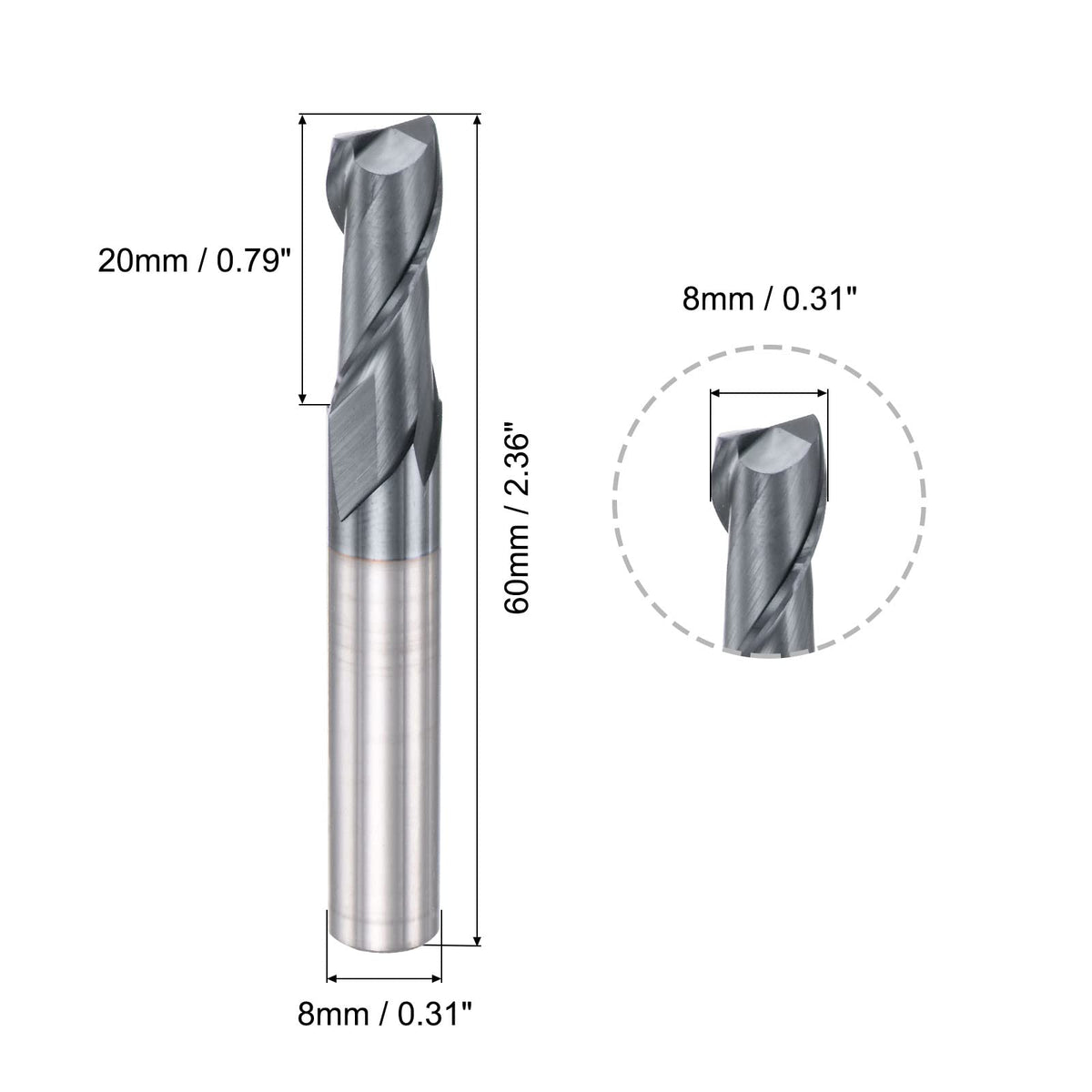 uxcell Square Nose End Mill, 8mm Tip Dia Solid Carbide AlTiN Coated CNC Router Bits 2 Flute Spiral Milling Cutter HRC45 with 8mm Shank 60mm (2.36-inch) Length
