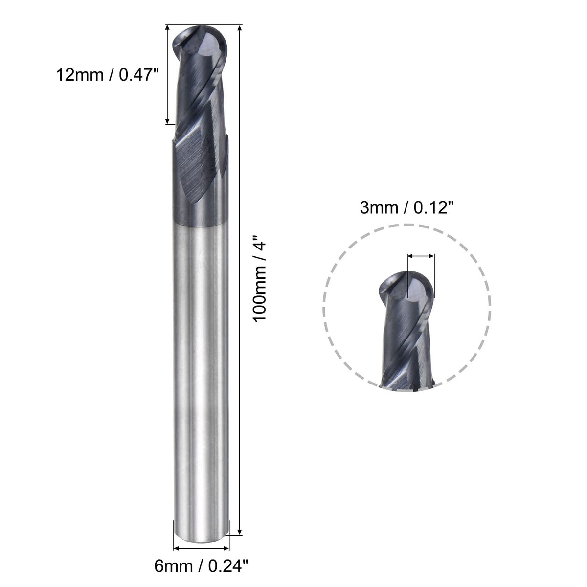 uxcell Ball Nose End Mill 3mm Tip Radius Solid Carbide AlTiSin Coated CNC Router Bits 2 Flute Spiral Milling Cutter HRC45 with 6mm Shank 100mm (4-inch) Length