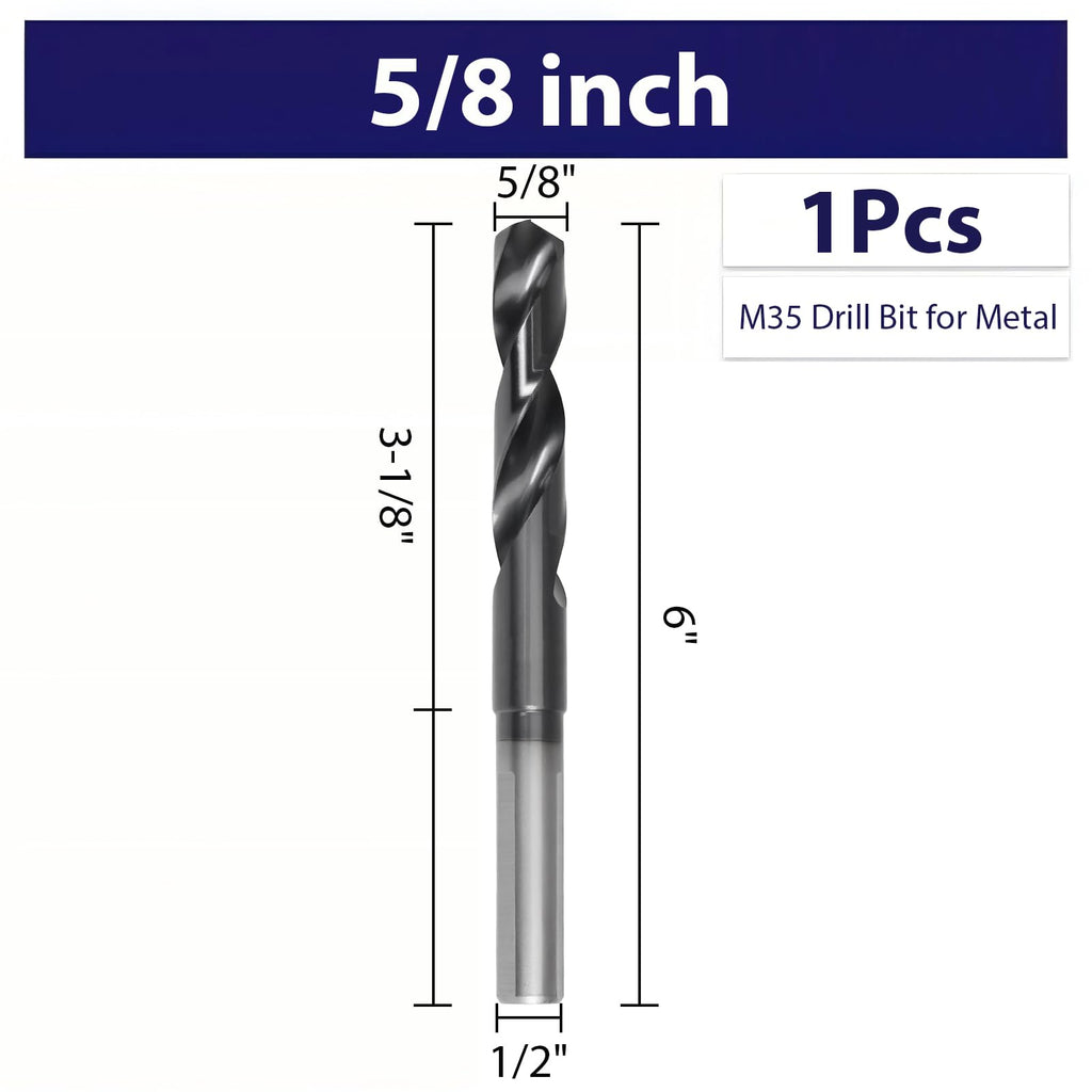 5/8 Inch Drill Bit for Metal - M35 Cobalt Titanium Aluminum Nitrite Industrial Grade, 5/8" Diameter 6" Total Length with 3-Flat Shank, Drills Steel, Cast Iron & Aluminum Alloys