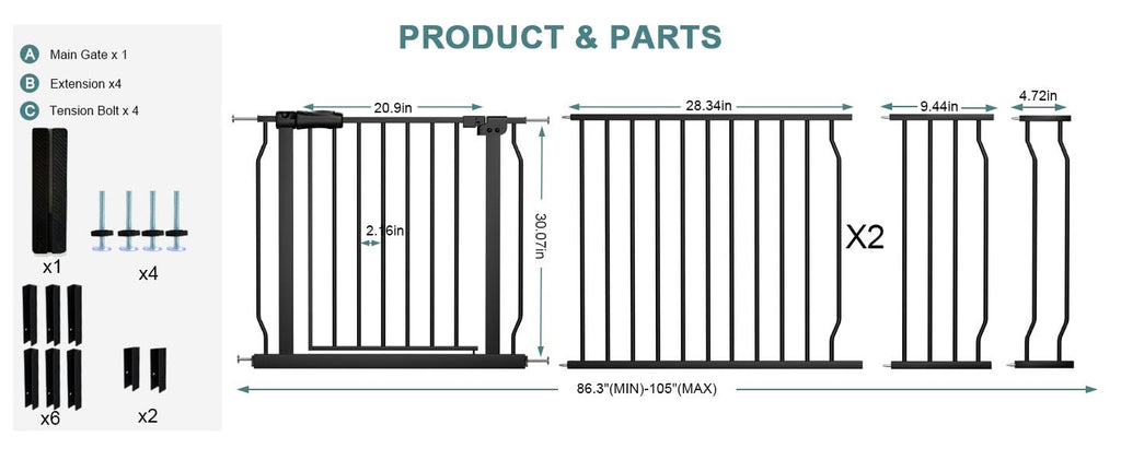 86-105" Extra-Wide Adjustable Hardware/Pressure-Mounted Pet & Child Safety Gate with Dual-Lock Walk-Through Swing Door for Stairs, Hallways & Wide Doorways
