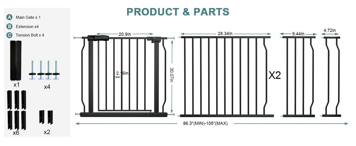 86-105" Extra-Wide Adjustable Hardware/Pressure-Mounted Pet & Child Safety Gate with Dual-Lock Walk-Through Swing Door for Stairs, Hallways & Wide Doorways