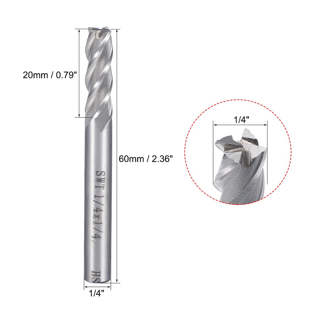 uxcell 1/4" Cutting HSSAL Spiral Drill Bit Straight End Mill Cutter 4 Flute with 1/4" Shank