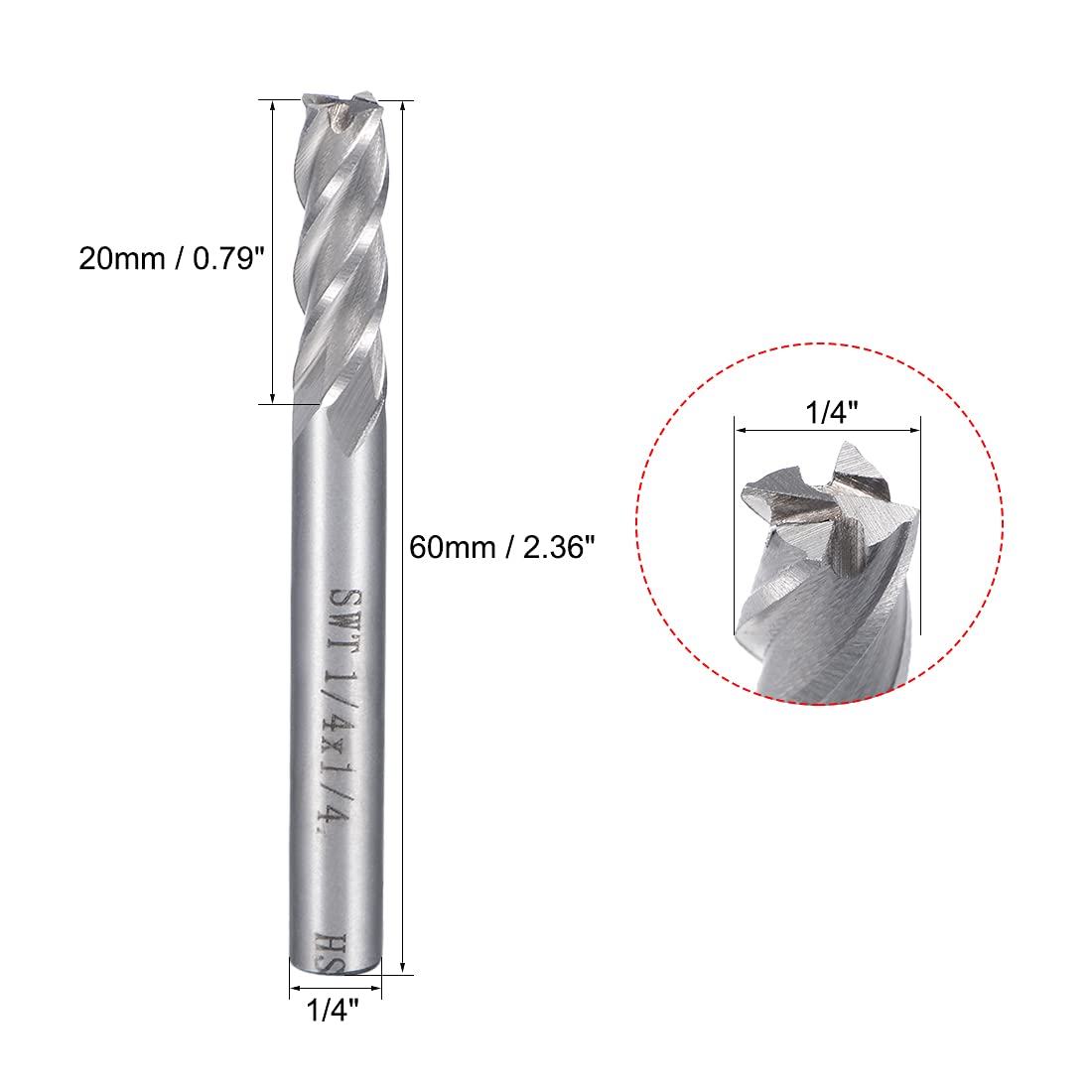 uxcell 1/4" Cutting HSSAL Spiral Drill Bit Straight End Mill Cutter 4 Flute with 1/4" Shank