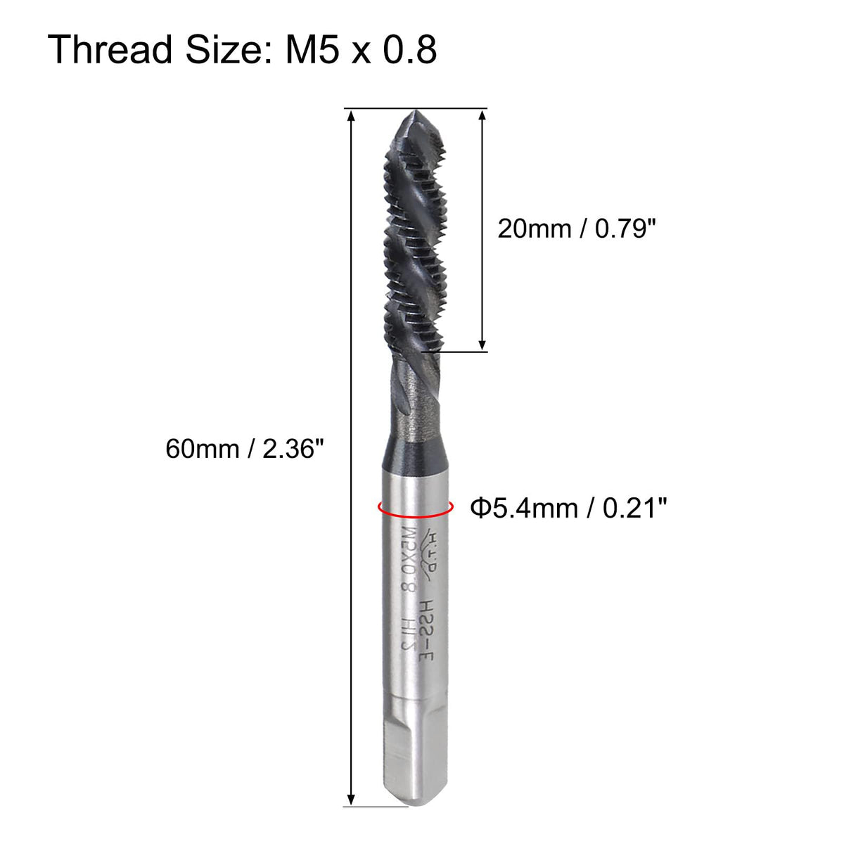 Boxonly Spiral Flute Thread Tap M5 x 0.8mm, for Processing Blind Holes and Sticky Materials, HSS Nitriding Coated, H2 Tolerance, Metric Machine Threading Tap Screw Thread Tapping Tool, 2pcs