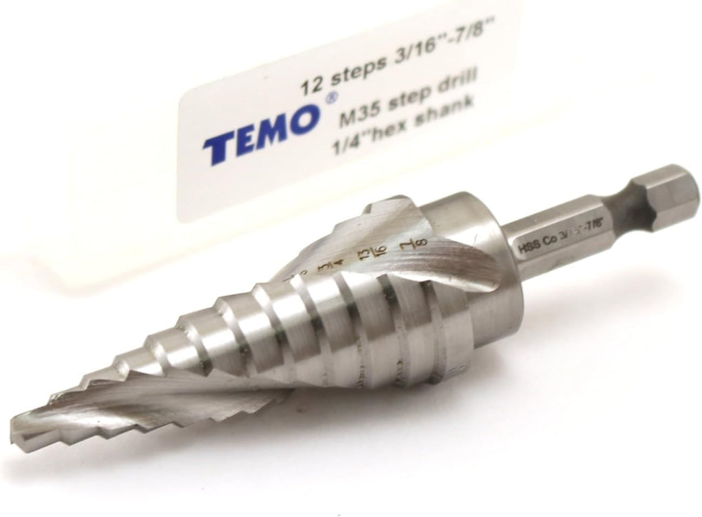 TEMO M35 Cobalt Spiral Step Drill Unibit Bit 3/16" -7/8" 12 Size 1/4" Shank
