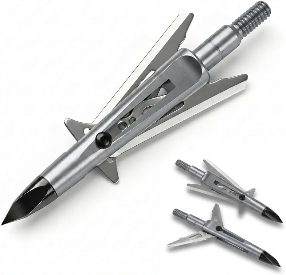 Mechanical Expandable Broadheads, 100 Grain, 440 Steel Blades | 2 Inch Cut, Chisel Tip, 8-32 Thread for Crossbow &