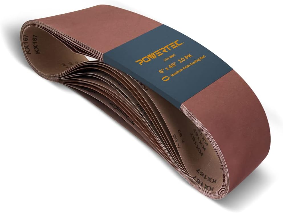POWERTEC 6 x 48 Inch Sanding Belts, 120 Grit Aluminum Oxide Belt Sander Sanding Belt for Bench Belt Sander, Wood & Paint Sanding, Metal Polishing, 10PK (110210)