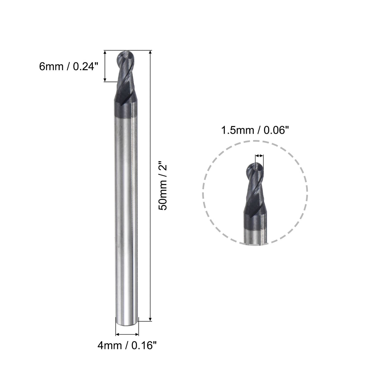 uxcell Ball Nose End Mill 1.5mm Tip Radius Solid Carbide AlTiSin Coated CNC Router Bits 2 Flute Spiral Milling Cutter HRC45 with 4mm Shank 50mm (2-inch) Length
