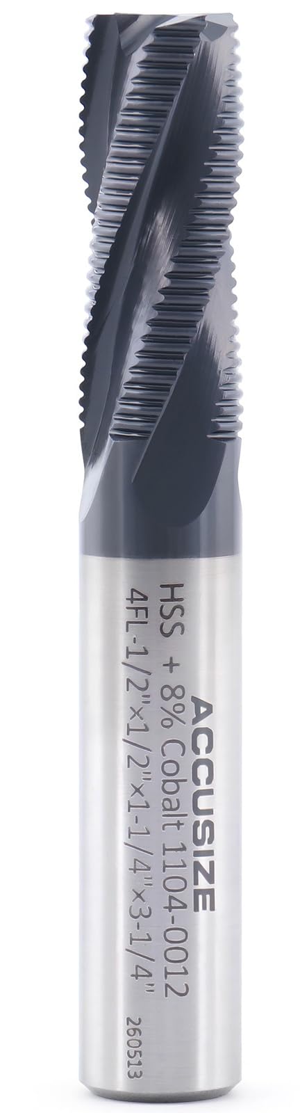Accusize Cobalt Roughing End Mill, 1/2" Dia, 1/2" Shk, 1-1/4" Flt