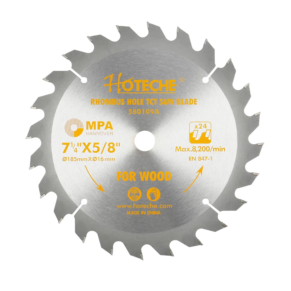 Hoteche 7-1/4-Inch Circular Saw Blade for Wood 24-Tooth Tungsten Carbide-Tipped Blade High-Performance Professioal Saw Blade for Circular Saws and Miter Saws, Rhombus Hole Size 5/8-inch